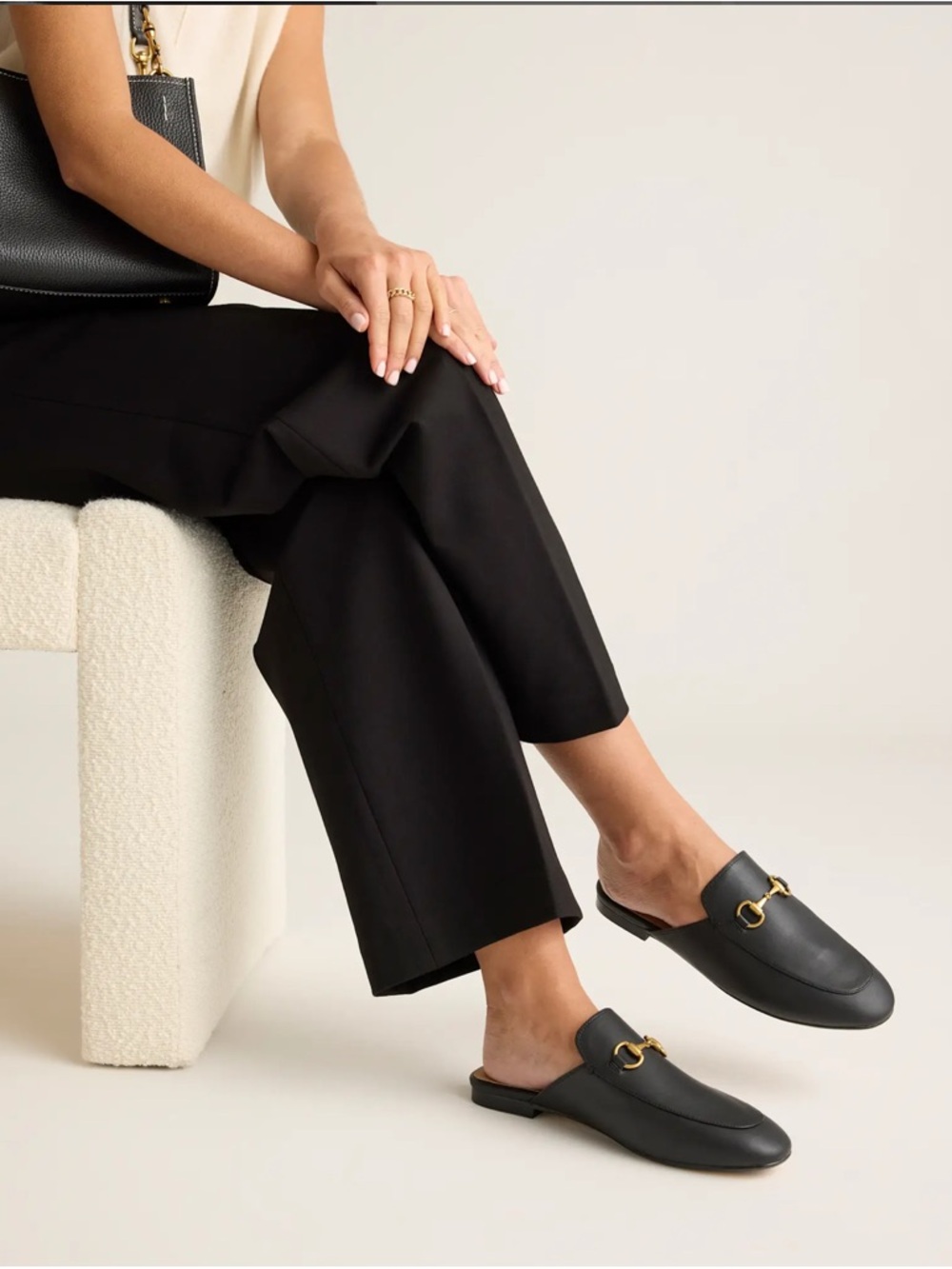 ANNE KLEIN Black Leather Backless Loafers with Gold Bit Hardware